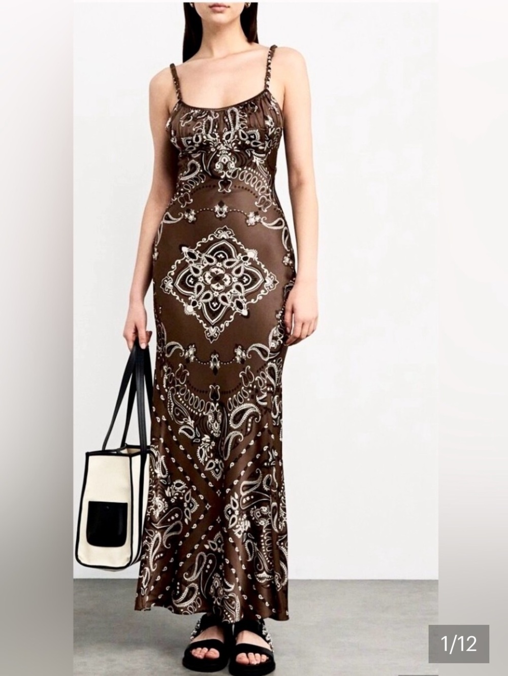 Camila Coelho Revolve Satin Paisley Maxi Spaghetti strap dress brown size L